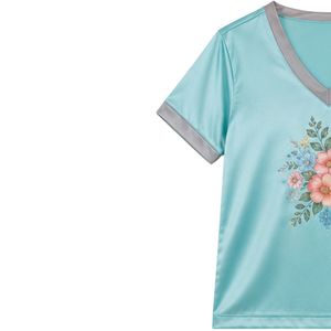 Conjunto de Pijama de Satén con Estampado Floral Azul Agua para Mujer, Cuello en V, Manga Corta, Top y Pantalones Cortos, Ropa de Dormir Suave, Personalizable OEM - Product Image 2