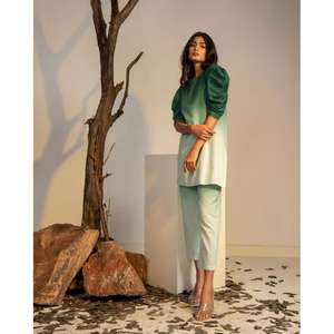 Ensemble Kaftan Ombré Vert pour Femme avec Manches Évasées et Pantalon Long Taille Naturelle – Tenue Décontractée Lavable de Créateur - Product Image 1