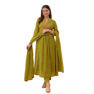 Ensemble coordonné élégant en coton avec de riches broderies sur les manches du kurti et le dupatta - Product Image 1