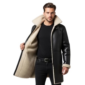 Manteau en cuir de mouton pour homme – Cuir véritable avec doublure en fausse fourrure synthétique, fermeture éclair sur le devant, 2 poches, long et chaud en peau de mouton - Product Image 1