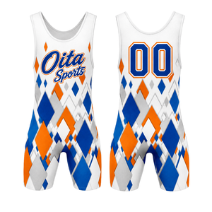 <b>Men</b> White Blue Orange Sublimated <b>Wrestling</b> <b>Singlet</b> Polyester Athletic Sportswear Team Uniform Training Match Performance Apparel - Product Image 1