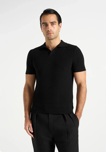 เสื้อโปโลแขนสั้นถักสำหรับผู้ชาย สีดำล้วน สไตล์ลำลอง ทรงปกติ - Product Image 4