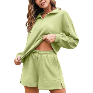 Ensemble short et sweat-shirt vert oversize pour femme, épaules tombantes, manches longues, couleur unie, tricoté, tenue décontractée d'été - Product Image 1