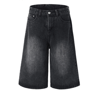 Men's High Waist Washed <b>Denim</b> Bermuda Shorts Solid Color Casual Style With Pockets Button Fly Cotton Canvas <b>Material</b> - Product Image 2
