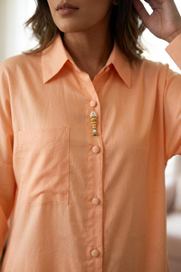 Women's Cotton <b>Shirt</b> Dress, Peach Button-Down Tunic, Long Sleeve, Elegant Style - Product Image 4