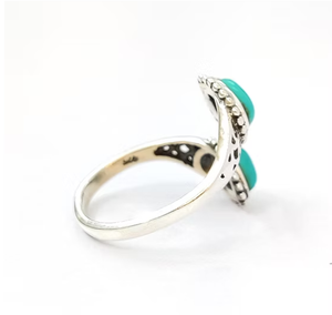 Unisex Two-Turquoise Gemstone Adjustable 925 Silver Ring 3.2 Grams Vintage Cluster Style Fine Jewelry for Everyday Wear - Product Image 2