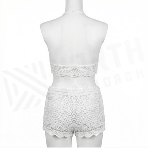 <b>White</b> Crocheted 2 Piece Bikini Set Halter Top With <b>Lace</b> Shorts Women Beachwear Handmade Cotton Breathable Swimwear - Product Image 2