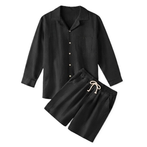 Ensemble de vêtements de nuit en lin pour homme, chemise de pyjama à manches longues boutonnée et short à cordon de serrage, respirant, décontracté, vêtements de maison - Product Image 3