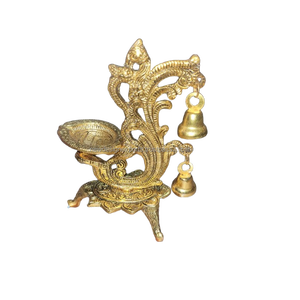 Étnico tallado Pavo Real diseño latón Diya con campana, - Product Image 1