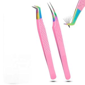 Pinces à épiler professionnelles en acier inoxydable de qualité supérieure, droites et en forme de L, pour extensions de cils 3D, avec pointe en fibre arc-en-ciel, pinces à épiler roses avec revêtement en poudre - Product Image 1