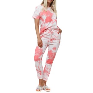 Ensemble de survêtement tie-dye pour femmes, manches courtes, col rond, pantalon de jogging long avec poches latérales, tenue décontractée d'été, design dégradé de couleur - Product Image 3
