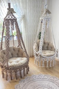 Macrame Round <b>Swing</b>,<b>Hammock</b> Chair, Wooden Beaded Macrame <b>Swing</b>,Outdoor <b>Swing</b> Set - Product Image 2