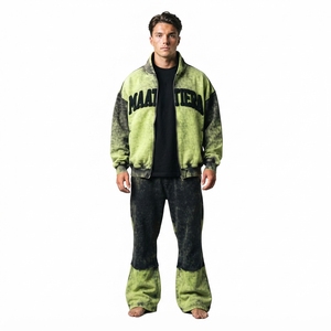 <b>Mens</b> Lime <b>Green</b> Black Acid Wash Color Block Zip Jacket Wide Leg Pants <b>Tracksuit</b> Set Custom Streetwear Outfit Trendy - Product Image 1