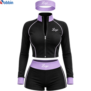 Conjuntos Deportivos Cortos de Hip Hop con Logotipo Personalizado, Conjunto de 3 Piezas, Chaqueta con Cierre y Cuello Alto en Bloques de Color, Combinada con Pantalones Cortos y una Diadema - Product Image 3
