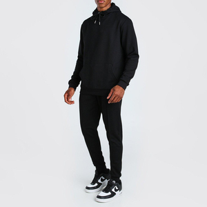 Ensemble de survêtement pour homme, noir, à capuche, sweat-shirt et pantalon de jogging, couleur unie, respirant, en polyester, pour l'automne - Product Image 6
