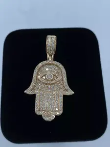Pendentif Main de Hamsa en Moissanite, Argent Sterling 925 Plaqué Or, Charme Œil Protecteur, Collier de Luxe Vintage Sertie de Diamants TISHYA DIAMOND - Product Image 4