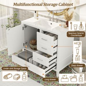 36-Inch Modern White Bathroom Vanity Storage <b>Cabinet</b> Solid <b>Pine</b> Frame with 1 Soft-Close Door and 3 Drawers Series W - Product Image 6