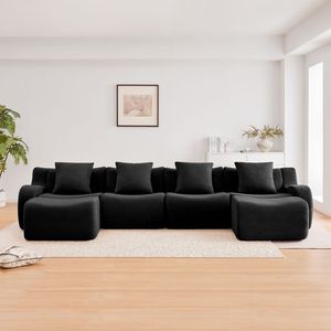 32D High Density Sp <b>U</b>-Shaped Boneless Sofa Teddy Fabric Streamlined Design Curved Armrest No Assembly Required for <b>Living</b> Room - Product Image 3