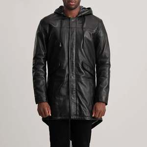 Chaqueta Larga de Cuero Genuino para Hombre con Capucha y Forro de Piel Sintética, Cierre de Cremallera, Estilo Casual para Invierno - Product Image 1