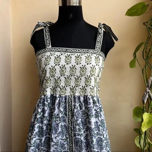 Green Cotton Maxi Dress with <b>Adjustable</b> Straps <b>Square</b> Collar Block Print Indian Style and Pocket Long Summer Wear Maxi Dress - Product Image 1