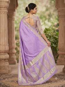 <b>Purple</b> BANARASI KATAN Silk <b>Saree</b> With Gold Paisley Border Traditional Indian Wedding Wear For Women Floor-Length Regular Fit - Product Image 4