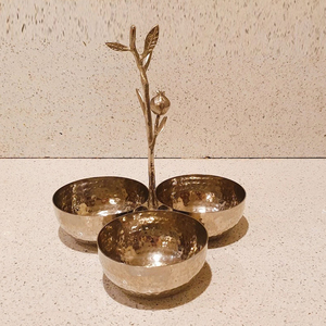 Luxury Hammered Theme Metal 3-Compartment Cluster Bowl With <b>Decorative</b> <b>Twig</b> Handle Round Shape, Wholesale Home <b>Decor</b> Piece - Product Image 2