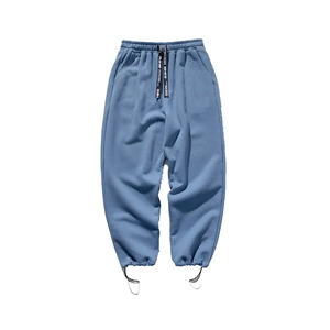 Pantalon de survêtement bleu pour homme, taille élastique avec cordon de serrage, décontracté, poches latérales, en coton tricoté mi-lourd, idéal pour l'automne - Product Image 1