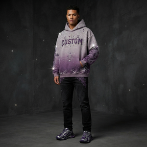 Custom Y2K Rhinestone Hoodie Men Heavyweight Cotton Vintage Ombre Wash Cross Graphic Purple Oversized <b>Punk</b> Streetwear Pullover - Product Image 2