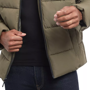 Men's Olive Green Hooded Puffer <b>Jacket</b> <b>Zipper</b> Closure Windproof Casual Winter Regular Fit Canvas Sherpa Lining Polyester Wadding - Product Image 2