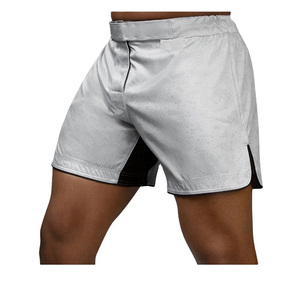 Shorts de sport gris pour hommes 100 % polyester respirant, vêtements d'arts martiaux mixtes, taille adulte, impression par transfert thermique, 160 g, logo frontal - Product Image 3