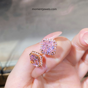 Pink Moissanite <b>Stud</b> Earrings 10K Solid Gold Princess Cut Claw Setting Halo Earrings for Women Wedding Gift - Product Image 2