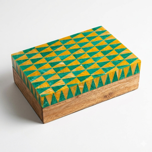 Luxury Geometric Resin Inlay Keepsake Box, Handcrafted Wooden Storage Case with Vibrant Green and Gold Pattern for Modern Home - Product Image 1