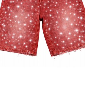 Shorts en jean décontractés pour hommes, couleur unie, délavés, ornés de strass, logo personnalisé, coupe ample, taille élastique, dernière collection - Product Image 4