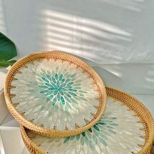 Juego de bandejas ovaladas de bambú bohemio hechas a mano con diseño de hojas verdes, decoración de mesa para el hogar, hotel, restaurante, bandeja de estilo único - Product Image 4