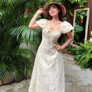 Vestido Maxi Casual de Cintura Natural para Mujer, Tejido Sólido, Cuello Redondo, Manga Linterna, Ajuste Delgado, Transpirable, con Forro de Seda Ecológico, Venta al por Mayor - Product Image 4