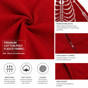 Men’s Red Rhinestone Skeleton Hoodie <b>Jacket</b> with Full Zip Balaclava Mask Crystal Skull Bone Design <b>Gothic</b> Hip Hop Streetwear OEM - Product Image 5