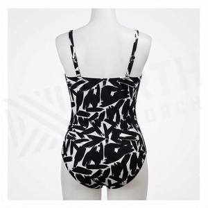 Women's One Piece Swimsuit Black White Plant Print Plunge Neck Ruched High Waist Stretch Swimwear - Product Image 2