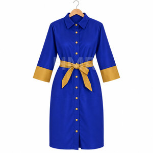 HMR Sorority Sisterhood Blue Faux Leather Blue Shirt <b>Dress</b> With Gold Contrast Cuffs And Belt Fitted Midi <b>Dress</b> <b>For</b> Office Wear - Product Image 5