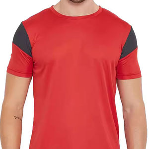 <b>Red</b> <b>Men's</b> Sporty Short Sleeve T-<b>Shirt</b> With <b>Black</b> Shoulder Panels Round Neck Solid Color Athletic Wear NeedChang This - Product Image 4