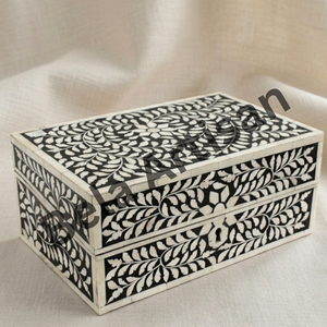 Caja de Almacenamiento de Madera Hecha a Mano con Incrustaciones de Madreperla, Diseño Floral en Blanco y Negro, Organizador Decorativo de Objetos, Portátil - Product Image 2
