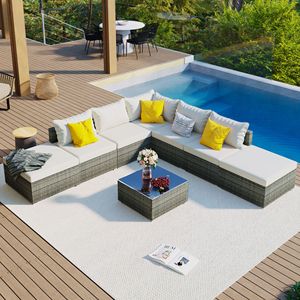 Juego de Muebles de Jardín de Mimbre Gris con 8 Cojines Beige, Sofá Individual Combinable para Patio Exterior - Product Image 1
