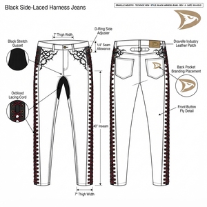 Jean en denim gothique pour homme, taille haute, coupe droite, avec broderie latérale à lacets, coupe classique, en coton délavé, style automne - Product Image 6