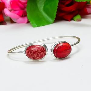 Bracelet manchette en argent sterling 925 fait main avec jaspe de sédiments marins et pierres précieuses, cadeau de fiançailles pour femme - Product Image 2