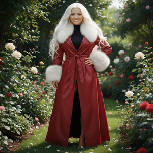 เสื้อโค้ทผู้หญิงแบบยาว ดีไซน์เข็มขัด หนังปลาบุผ้าไหม ซับในขนสัตว์สีขาว ขนจิ้งจอกขาว ขายส่ง เสื้อโค้ทเทรนช์สั่งทำพิเศษ - Product Image 1