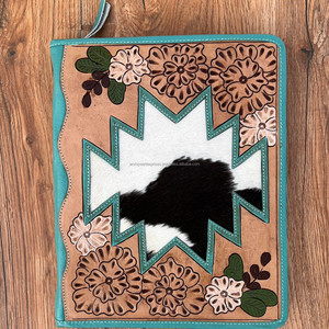 A4 Size Hand <b>Tooled</b> <b>Leather</b> Certificate Holder Cowhide Turquoise Multifunctional Portfolio With Zippered Closure & Ring Binders - Product Image 2