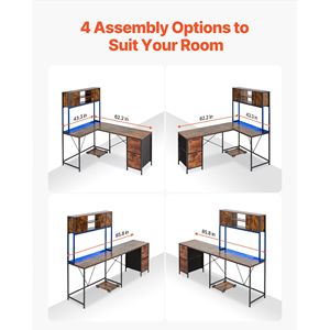 Scrivania da Gaming a L Reversibile da 62,2 Pollici con Luci LED, Supporto CPU e Prese di Corrente, Scrivania per Computer Mobile con Spazio di Archiviazione - Product Image 5