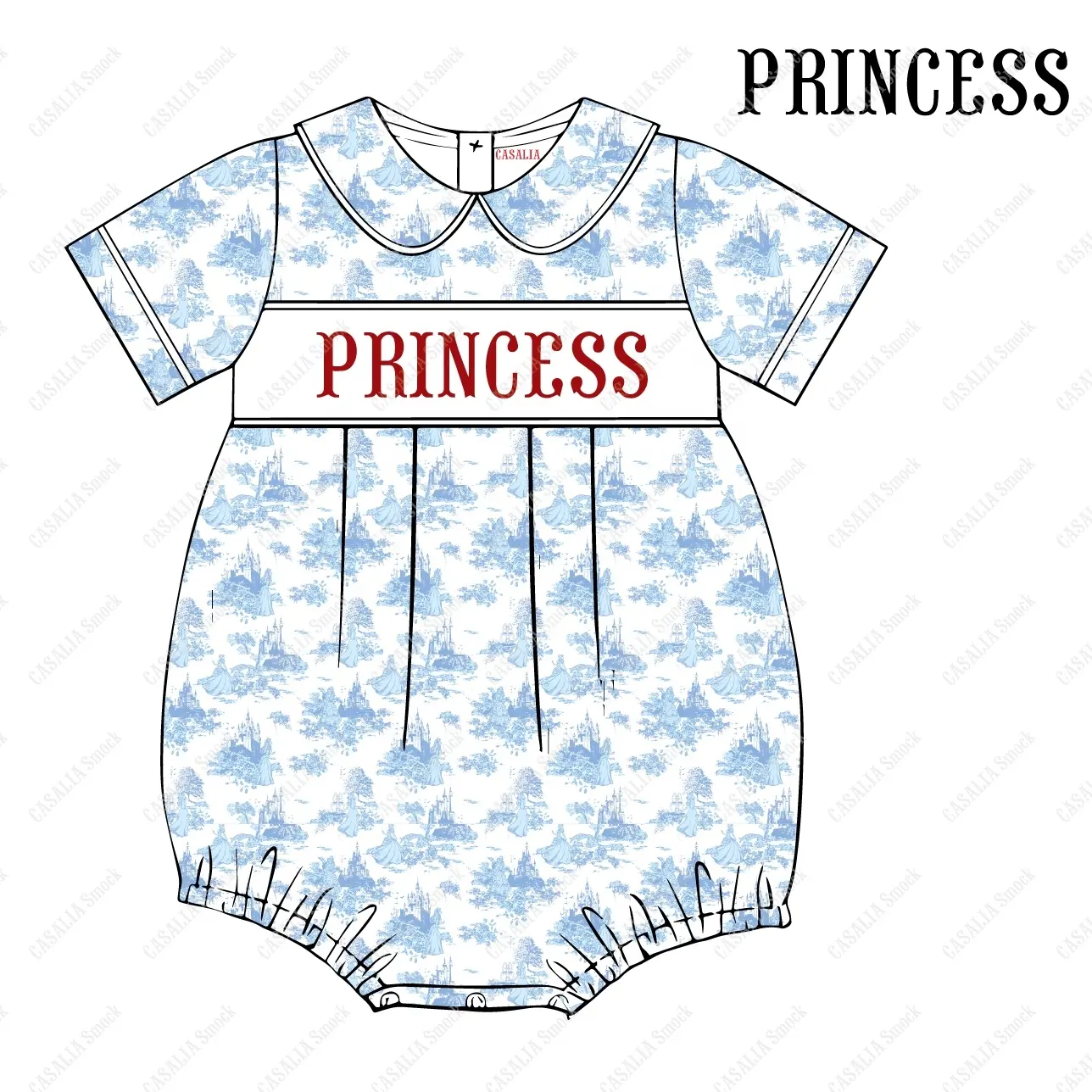 Handmade Smocked Bubble Romper Dress built in letter PRINCESS Words or Cartoon Character, Toile de Jouy