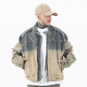 Blouson en jean délavé et vieilli pour homme FORGIVENESS, style moto, col montant, fermeture éclair sur le devant, couleur dégradée, coupe courte, idéal pour l'automne - Product Image 4