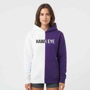 Sweat à capuche femme color block, design asymétrique, en molleton de coton, blanc et violet, logo personnalisé, poches latérales, coupe classique - Product Image 3