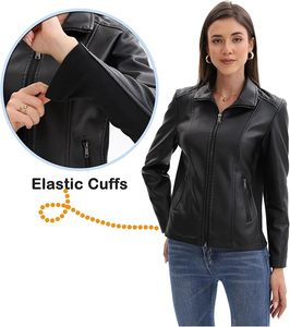 Women's Black PU Leather Moto Jacket With <b>Zipper</b> Closure Turn Down Collar Full Sleeve Autumn Windproof Style - Product Image 4